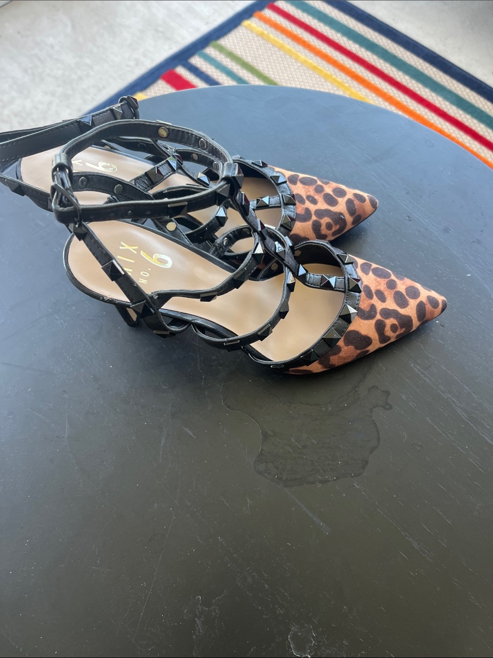 Studded Strappy Leopard Pointed Flats - Black and Brown